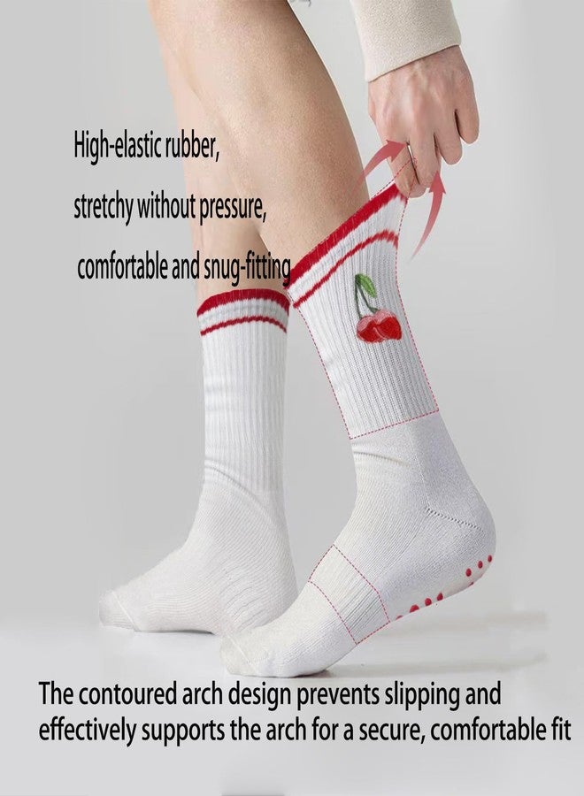 DADAB Cute Pilates Grip Socks for Women - Yoga Grippy Non Slip Barre Sticky Crew Socks for Workout, Hospital Use (1 Packs-cherry) - Image 5